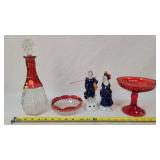 Vintage Red Bowls, Decanter & Figurines
