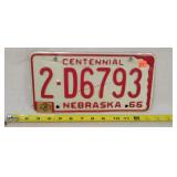1966 Nebraska Centennial License Plate - Metal