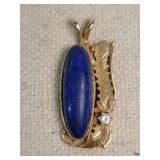 14K Gold Cowboy Pendant W/ Blue Stone & Diamond
