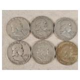 6- Silver Franklin Half Dollars