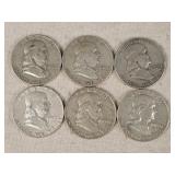 6- Silver Franklin Half Dollars