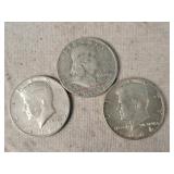 2- 1964 Kennedy & 1-Franklin Half Dollars