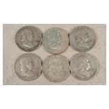 6- Silver Franklin Half Dollars