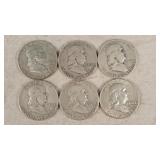 6- Silver Franklin Half Dollars