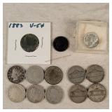 1867 Coin, 4-War Time Nickels & 7 V Nickels