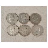 6- Silver Franklin Half Dollars