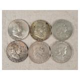 6- Silver Franklin Half Dollars