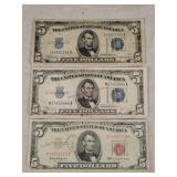 2- $5 Silver Certificates & 1- $5 Red Seal Note