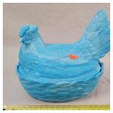 Large Blue Milk Glass Hen On Nest 9" (Chipped)