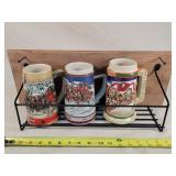 3 Budweiser Beer Steins in Walnut Wall Rack