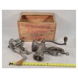 Wood Remington Box & 2 Meat Grinders