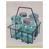 4- Antique Blue Quart Jars in Milk Basket