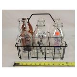 6 1 Quart Milk Bottles in Wire Basket