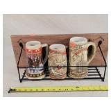 3 Budweiser Beer Steins on Walnut Backed Shelf