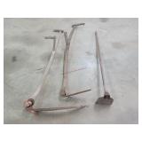 2- Antique Hay Scythes (5ft Tall) & Hoe