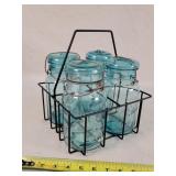 4 Antique Quart Blue Jars in Milk Basket