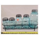 5 Ball Blue Jar Canister Set in Rack!