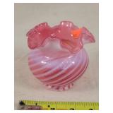 Fenton cranberry / white swirl Vase 4" Dia.