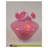 Fenton cranberry / white swirl Vase 5"t
