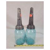 2-Vintage Blue 1 Qt. Glass Jars w/ Oil Dispensers