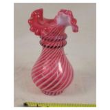 Fenton cranberry / white swirl Ruffle Vase 6" t