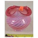 Fenton cranberry / white swirl Vase 4" Dia