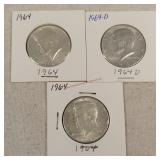 3- UNC 1964 Silver Kennedy Half Dollars