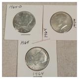 3- UNC 1964 Silver Kennedy Half Dollars
