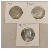 3- UNC 1964 Silver Kennedy Half Dollars