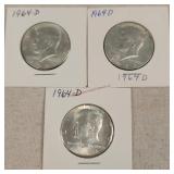 3- UNC 1964 Silver Kennedy Half Dollars