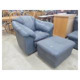 Blue Leather Stuffed Chair w/ Footrest
