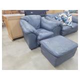 Blue Leather Stuffed Chair w/ Footrest