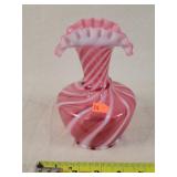 Fenton cranberry / white swirl Vase 6.5"t