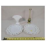 Fenton Vase & 3 Milk Glass Pieces
