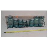 36" W Rack W/ 8- Blue Jars With Metal Lids