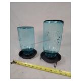 2- Blue Glass Mason Jar Feeders, 2 Qt. Size