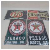 4- Tin Signs Texaco, Champion, & STP