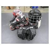 Lot- Roller Blades, Hockey Helmet & Gloves