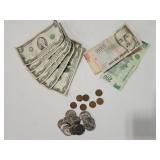 12 KENNEDY HALVES, 7 WHEAT CENTS, 6 $2 BILLS &