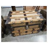 FLAT TOP WOOD TRUNK W/ LEATHER & METAL ACCENTS
