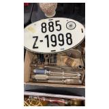 ASST. OF VINTAGE TOOLS, LOCKS, LICENSE PLATE &