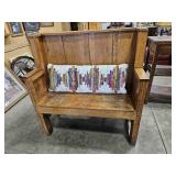 ANTIQUE OAK ENTRY BENCH W/ PILLOW