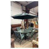GLASS TOP PATIO TABLE & 4 CHAIRS W/ CUSHIONS &