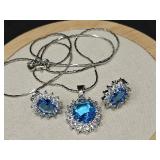 .925 BLUE TOPAZ COLOR GEMSTONE NECKLACE & EARRINGS