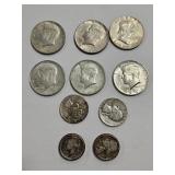 6 - 90% SILVER KENNEDY HALVES, 2 WASHINGTON