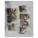 7 BAGS OF FOREIGN COINS &TOKENS