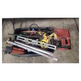 GROUP OF TOOLS, CLAMPS, LEVELS, DRILL AND MORE