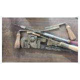 DRAW KNIFE, PIPE WRENCH, AND HAND DRILL