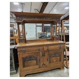 ARTS & CRAFTS ORNATE CARVED SIDE BOARD W/ BRASS