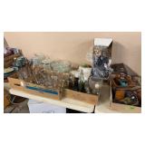 GROUP W/ STONEWARE PLATES, STEMWARE, BOTTLES, DOLL